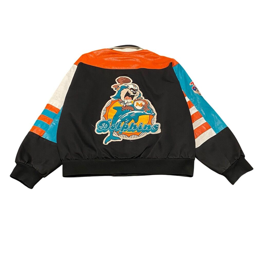 Vintage Taz Miami Dolphins Leather Jacket Coat NFL Jeff Hamilton JH Design USA M